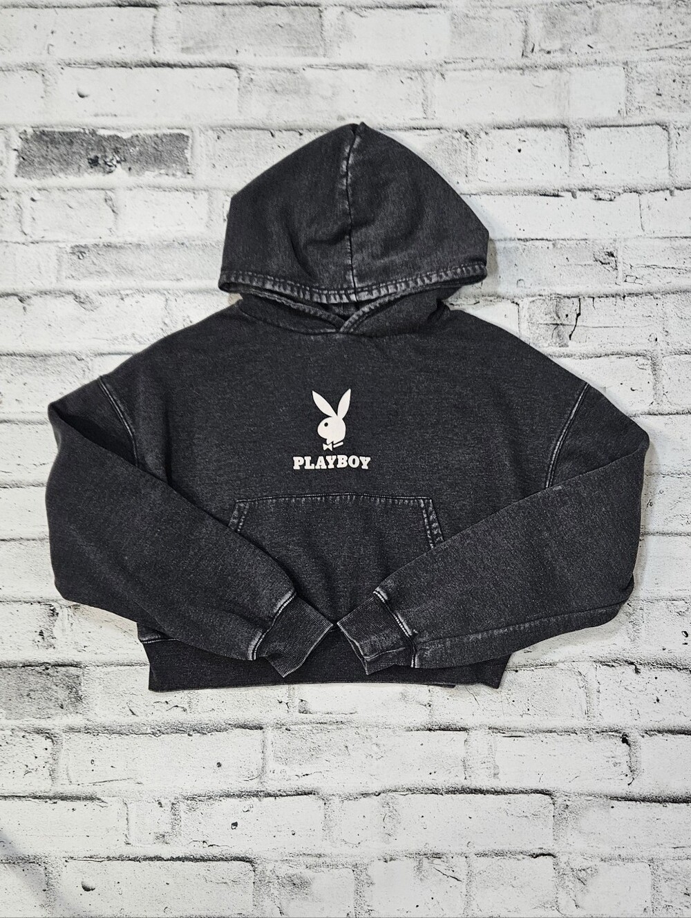 Playboy Cropped Hoodie Acid Wash Black Graphic Sweatshirt Medium